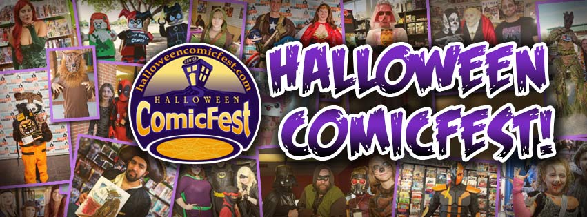 Halloween ComicFest graphic with logo and images from previous HCF events